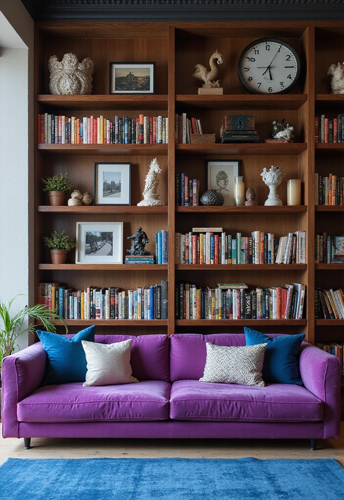35 Vibrant Living Room Ideas: Style a Purple Couch with a Bold Blue Rug and Elegant Chandelier! - 29. Creative Bookshelf Styling