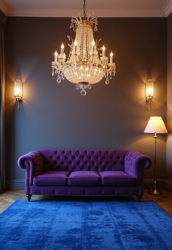 35 Vibrant Living Room Ideas: Style a Purple Couch with a Bold Blue Rug and Elegant Chandelier! - 3. Elegant Lighting