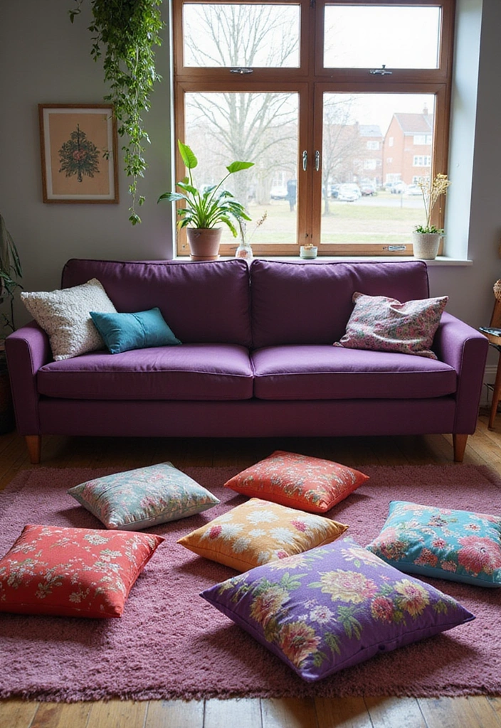 35 Vibrant Living Room Ideas: Style a Purple Couch with a Bold Blue Rug and Elegant Chandelier! - 30. Cozy Floor Cushions