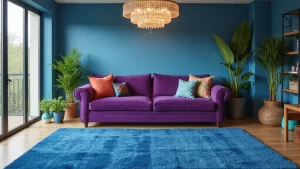 35 Vibrant Living Room Ideas: Style a Purple Couch with a Bold Blue Rug and Elegant Chandelier!