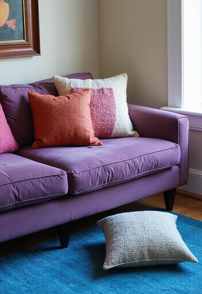 35 Vibrant Living Room Ideas: Style a Purple Couch with a Bold Blue Rug and Elegant Chandelier! - 32. Textured Throw Pillows