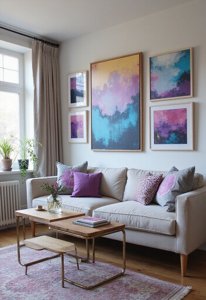 35 Vibrant Living Room Ideas: Style a Purple Couch with a Bold Blue Rug and Elegant Chandelier! - 34. Colorful Wall Art
