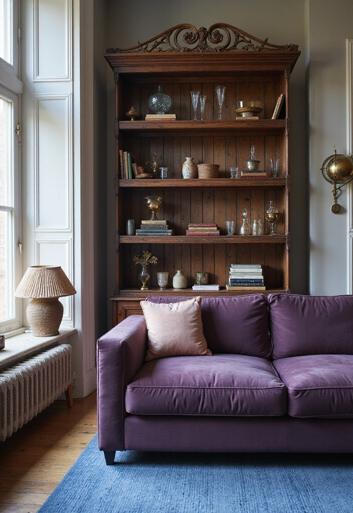 35 Vibrant Living Room Ideas: Style a Purple Couch with a Bold Blue Rug and Elegant Chandelier! - 35. Charming Vintage Finds
