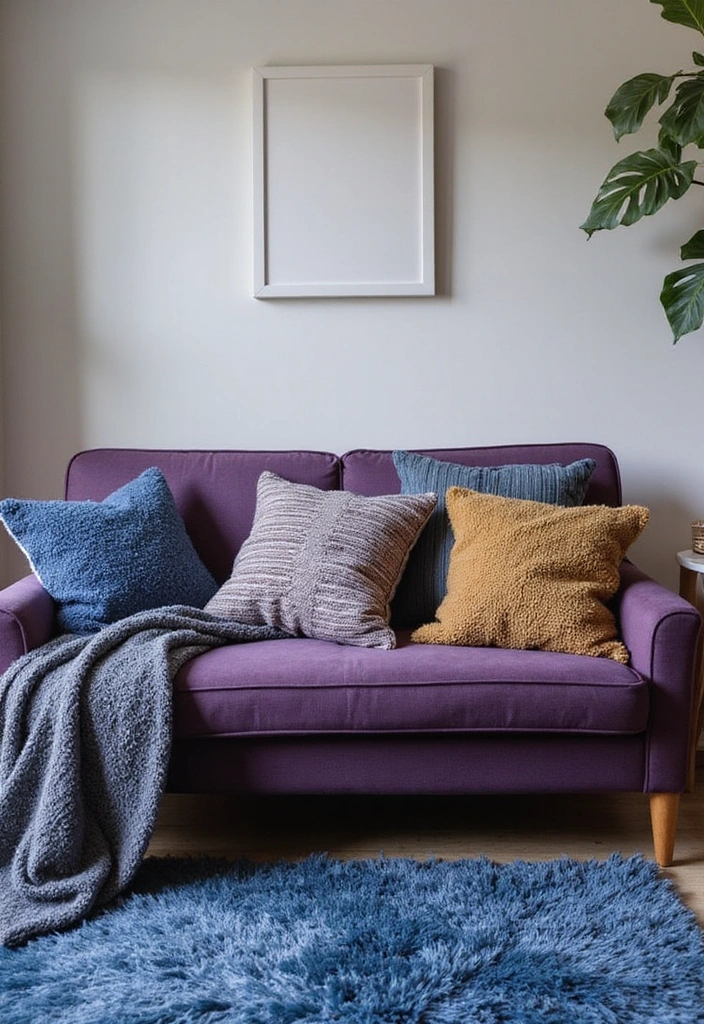 35 Vibrant Living Room Ideas: Style a Purple Couch with a Bold Blue Rug and Elegant Chandelier! - 4. Layering Textures