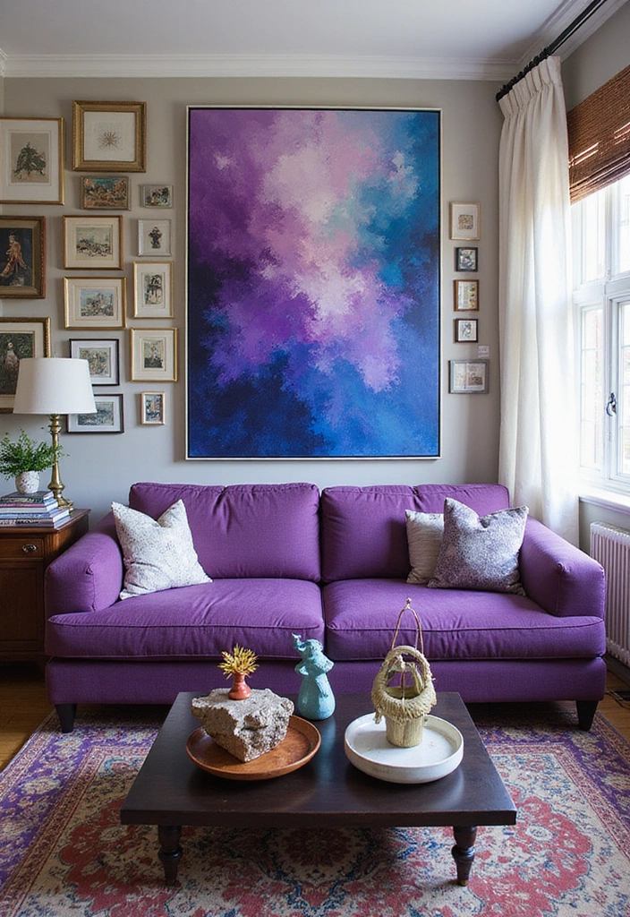 35 Vibrant Living Room Ideas: Style a Purple Couch with a Bold Blue Rug and Elegant Chandelier! - 5. Artistic Accents