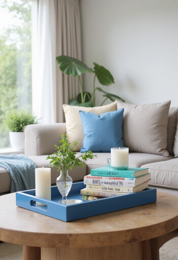 35 Vibrant Living Room Ideas: Style a Purple Couch with a Bold Blue Rug and Elegant Chandelier! - 6. Chic Coffee Table Styling