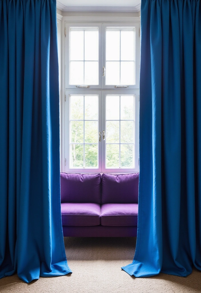 35 Vibrant Living Room Ideas: Style a Purple Couch with a Bold Blue Rug and Elegant Chandelier! - 7. Bold Curtains