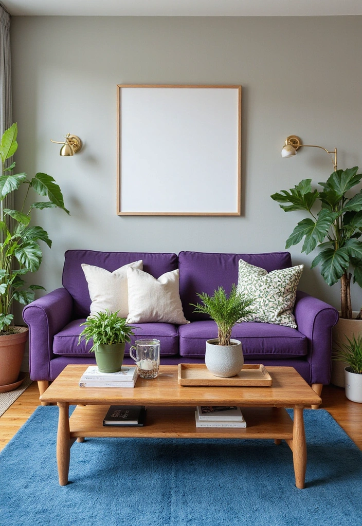 35 Vibrant Living Room Ideas: Style a Purple Couch with a Bold Blue Rug and Elegant Chandelier! - 9. Natural Elements