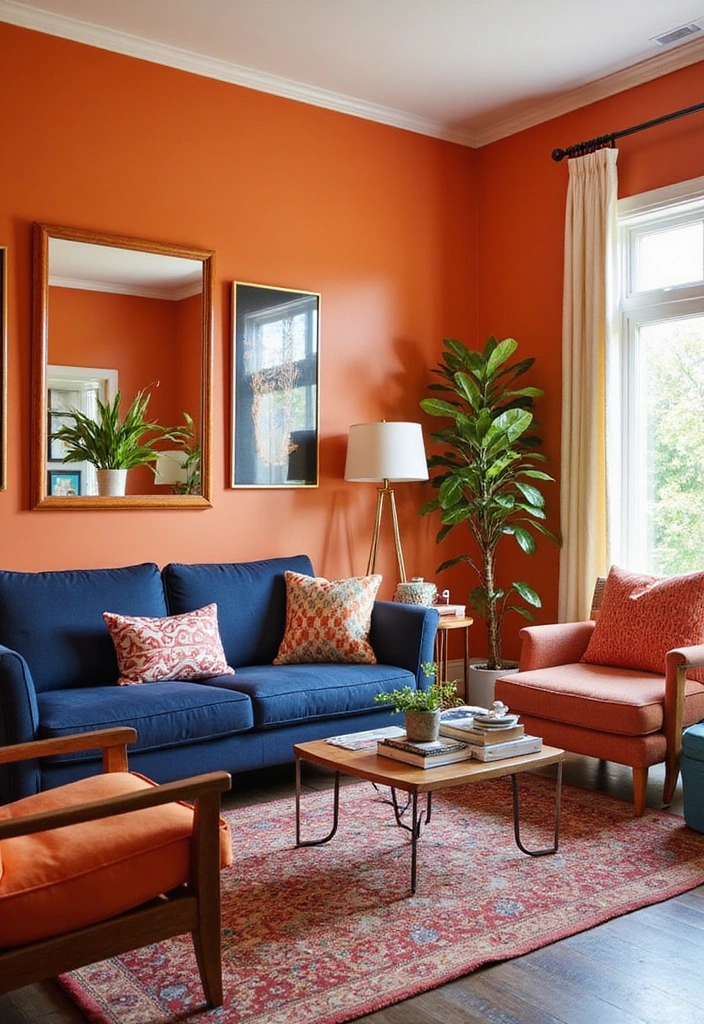 Be Inspired by These 31 Beautiful Behr Paint Combinations in Living Rooms, Bedrooms & Kitchens! - 17. Vibrant Contrast: Orange and Navy