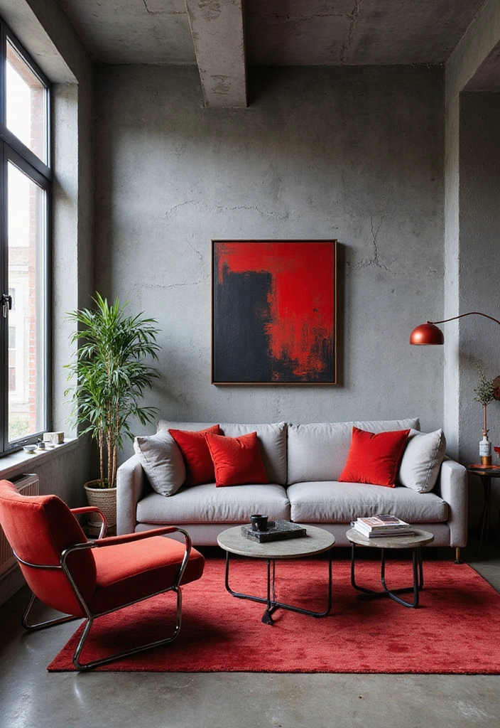 Be Inspired by These 31 Beautiful Behr Paint Combinations in Living Rooms, Bedrooms & Kitchens! - 26. Urban Chic: Concrete Gray and Bright Red