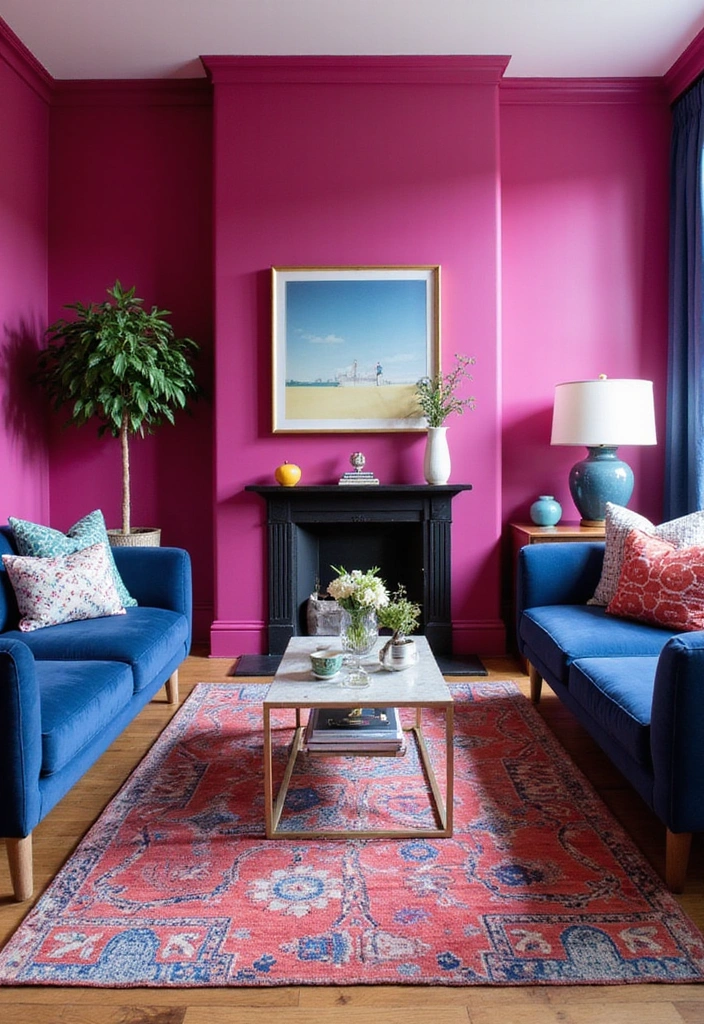 Be Inspired by These 31 Beautiful Behr Paint Combinations in Living Rooms, Bedrooms & Kitchens! - 27. Bold Fusion: Fuchsia and Navy