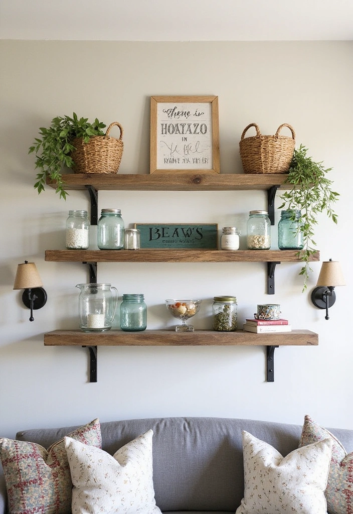 Elevate Your Home: 31 Beautiful Ways to Use Sconces Above Floating Shelves on White Walls! - 10. Farmhouse Fresh with Country Sconces