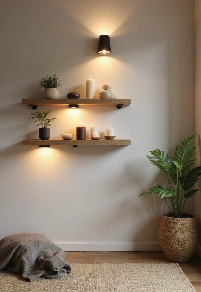 Elevate Your Home: 31 Beautiful Ways to Use Sconces Above Floating Shelves on White Walls! - 12. Zen Space with Calming Sconces