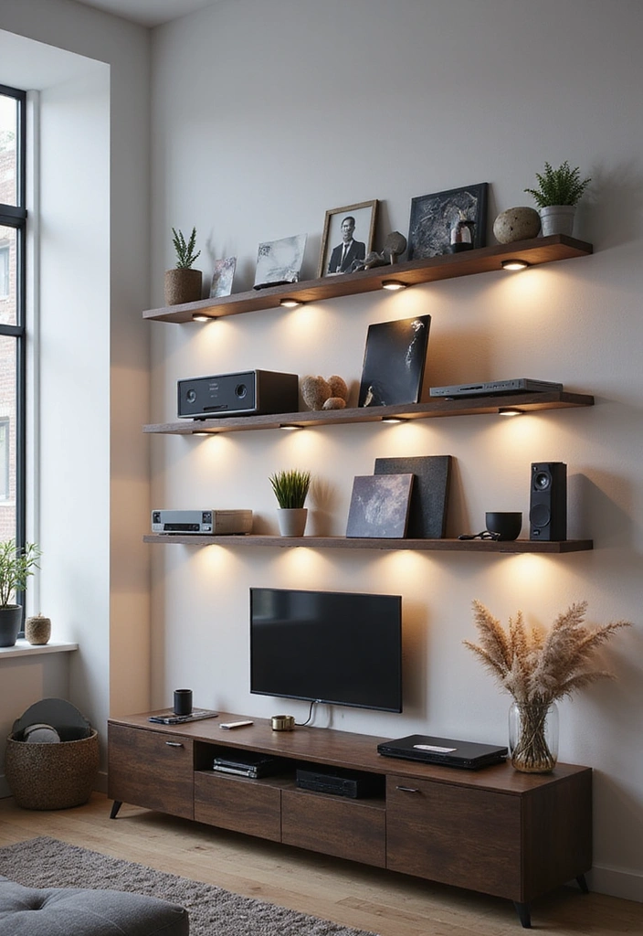 Elevate Your Home: 31 Beautiful Ways to Use Sconces Above Floating Shelves on White Walls! - 13. Tech-Savvy Style with Smart Sconces