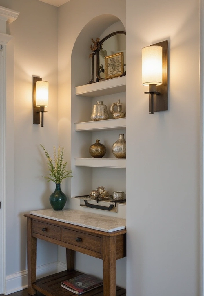 Elevate Your Home: 31 Beautiful Ways to Use Sconces Above Floating Shelves on White Walls! - 14. Elegant Entryway with Statement Sconces