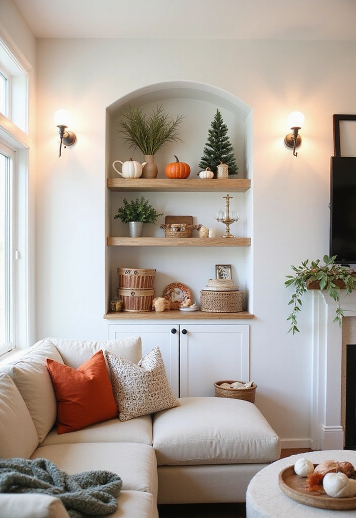 Elevate Your Home: 31 Beautiful Ways to Use Sconces Above Floating Shelves on White Walls! - 15. Seasonal Decor with Rotating Sconces