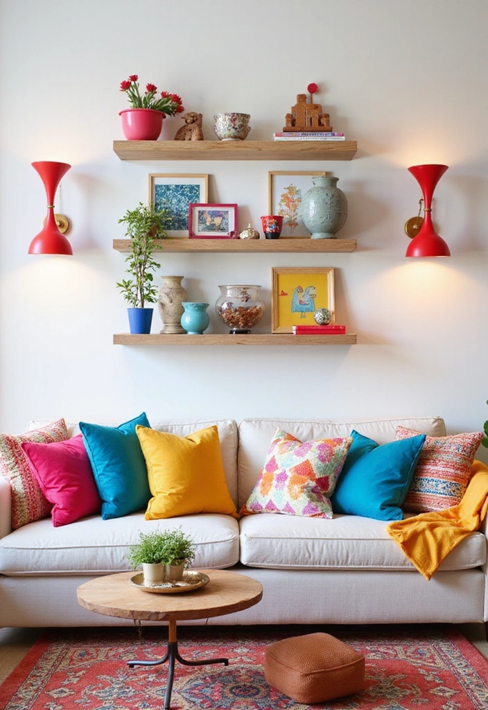 Elevate Your Home: 31 Beautiful Ways to Use Sconces Above Floating Shelves on White Walls! - 19. Bold Colors for a Statement Look