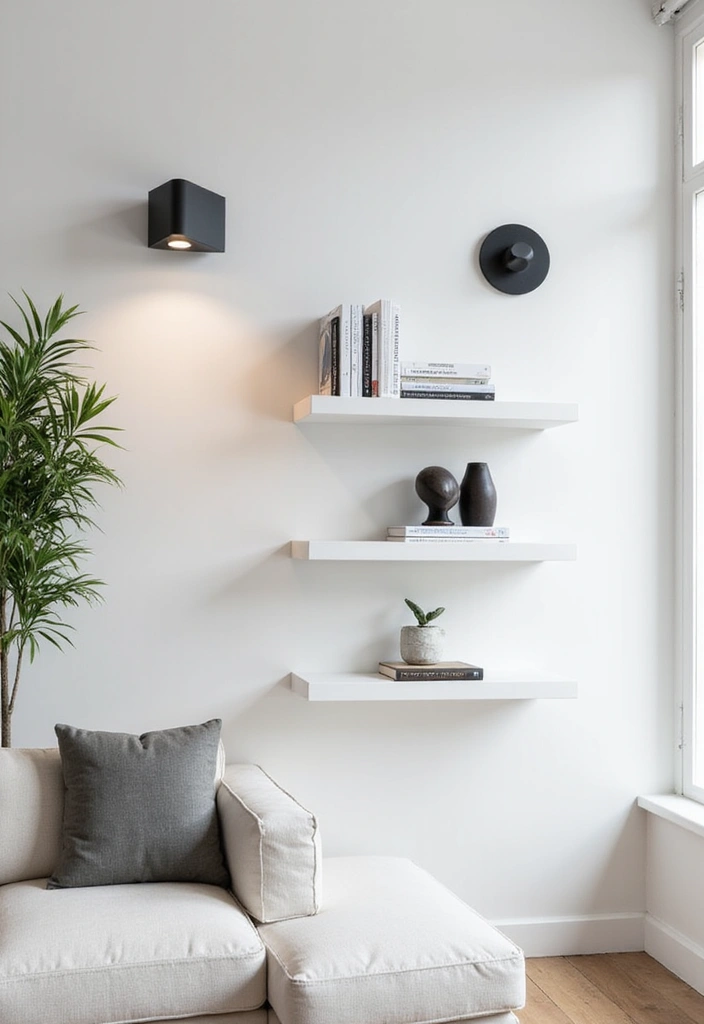 Elevate Your Home: 31 Beautiful Ways to Use Sconces Above Floating Shelves on White Walls! - 2. Modern Minimalism with Sleek Sconces