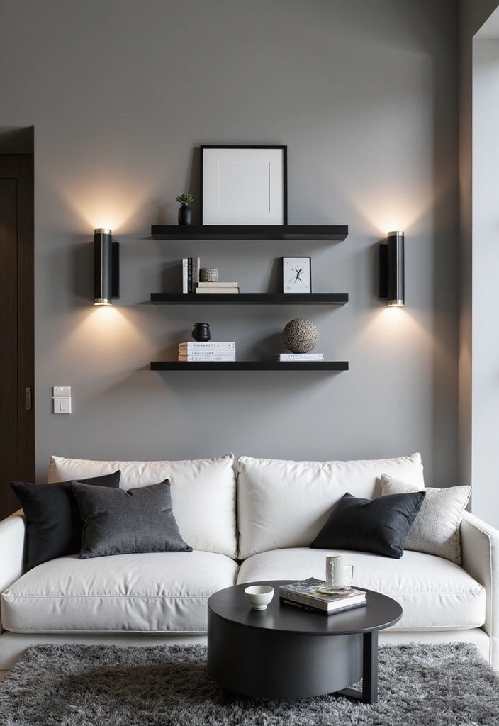 Elevate Your Home: 31 Beautiful Ways to Use Sconces Above Floating Shelves on White Walls! - 20. Monochrome Elegance for a Timeless Look