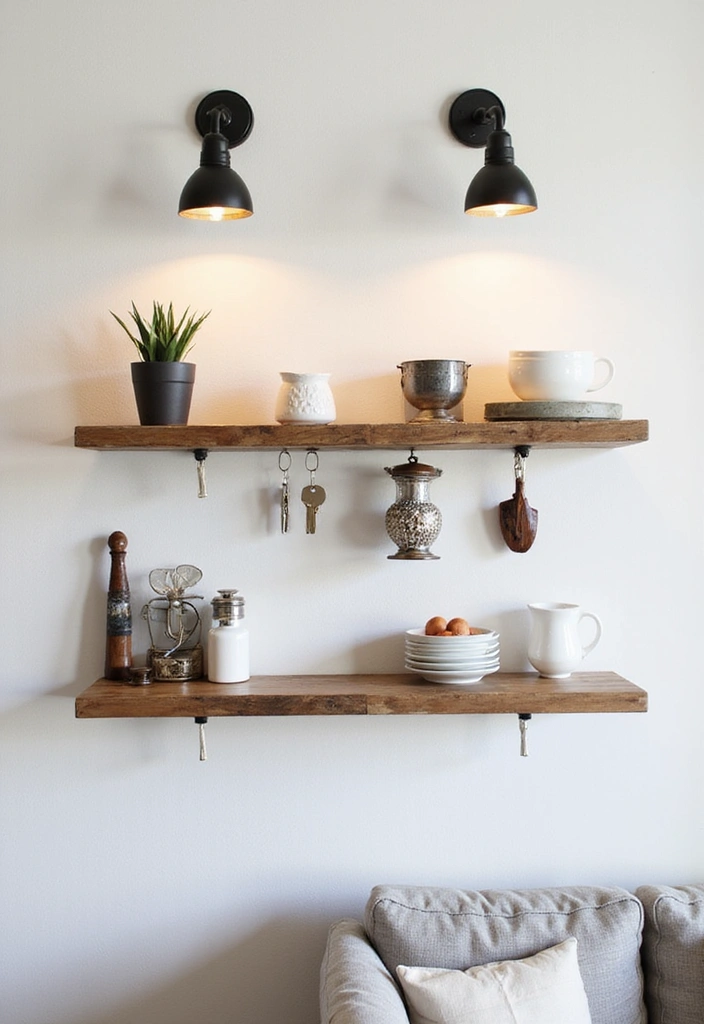 Elevate Your Home: 31 Beautiful Ways to Use Sconces Above Floating Shelves on White Walls! - 21. Functional Decor with Utility Sconces