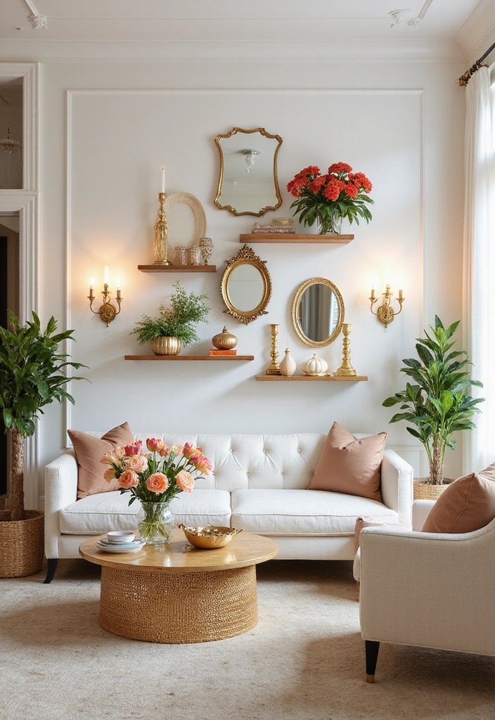 Elevate Your Home: 31 Beautiful Ways to Use Sconces Above Floating Shelves on White Walls! - 22. Glamorous Touch with Gold Accents