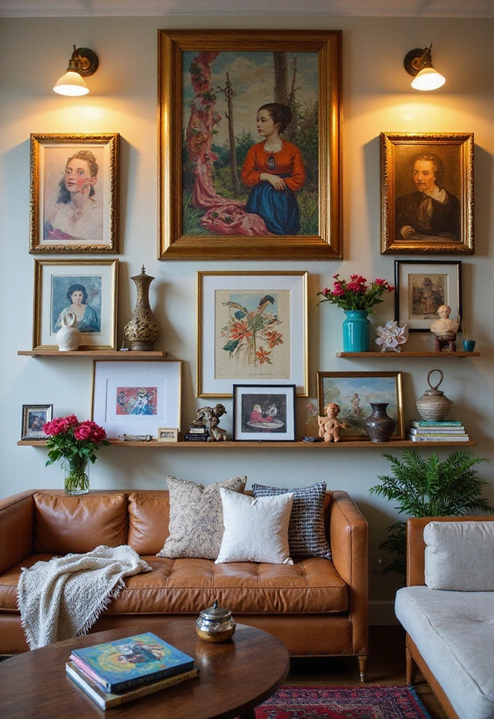 Elevate Your Home: 31 Beautiful Ways to Use Sconces Above Floating Shelves on White Walls! - 23. Eclectic Gallery with Mixed Frames