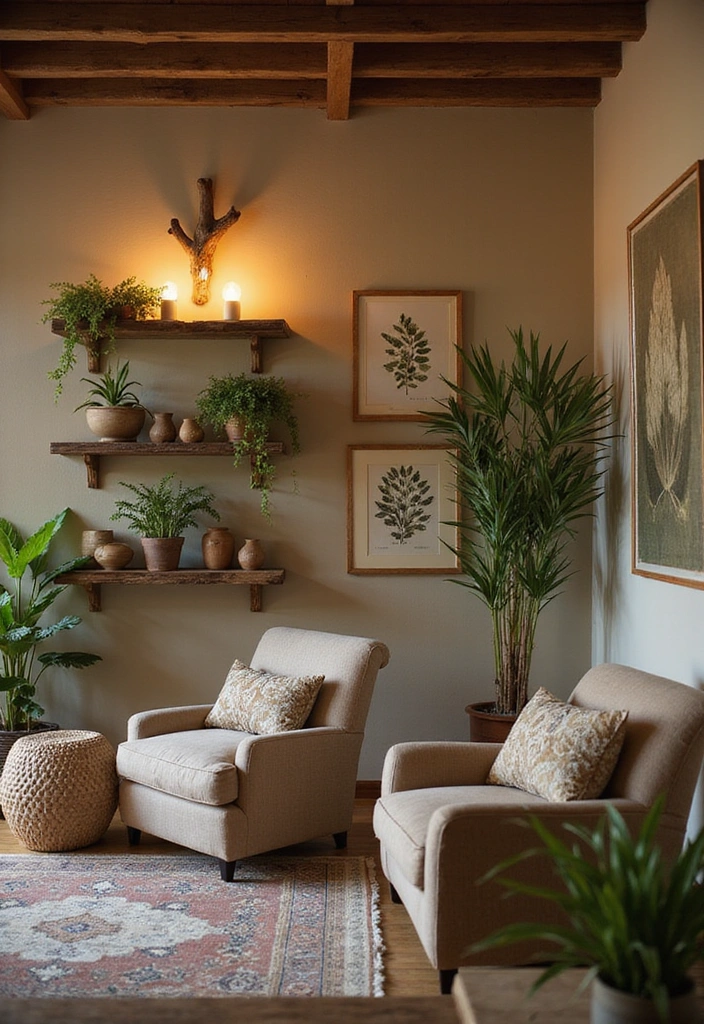 Elevate Your Home: 31 Beautiful Ways to Use Sconces Above Floating Shelves on White Walls! - 24. Rustic Elegance with Natural Elements