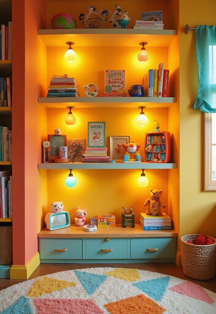 Elevate Your Home: 31 Beautiful Ways to Use Sconces Above Floating Shelves on White Walls! - 25. Vibrant Kids' Space with Interactive Sconces