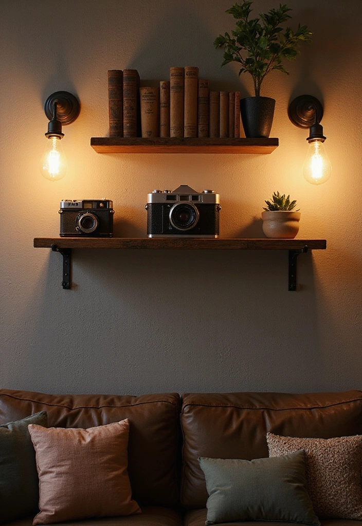 Elevate Your Home: 31 Beautiful Ways to Use Sconces Above Floating Shelves on White Walls! - 26. Vintage Industrial Fusion with Edison Bulb Sconces