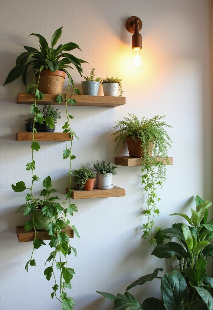 Elevate Your Home: 31 Beautiful Ways to Use Sconces Above Floating Shelves on White Walls! - 27. Urban Jungle with Botanical Sconces