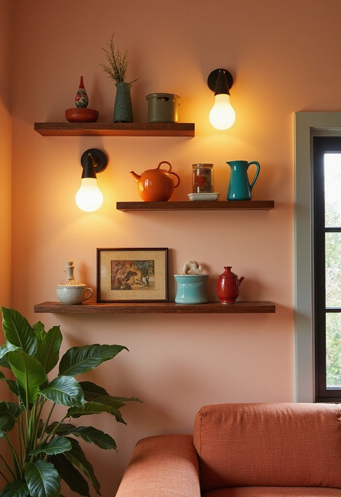 Elevate Your Home: 31 Beautiful Ways to Use Sconces Above Floating Shelves on White Walls! - 28. Mid-Century Modern with Retro Sconces