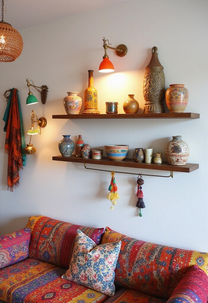 Elevate Your Home: 31 Beautiful Ways to Use Sconces Above Floating Shelves on White Walls! - 3. Bohemian Bliss with Colorful Sconces