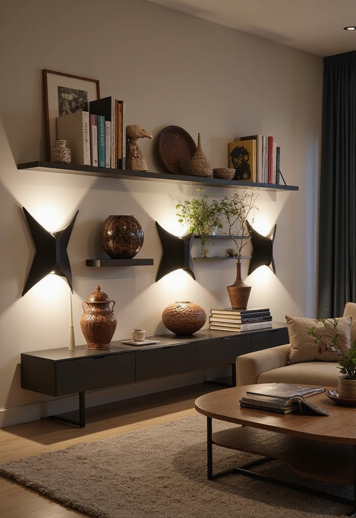 Elevate Your Home: 31 Beautiful Ways to Use Sconces Above Floating Shelves on White Walls! - 31. Artistic Sculptural Sconces for a Focal Point