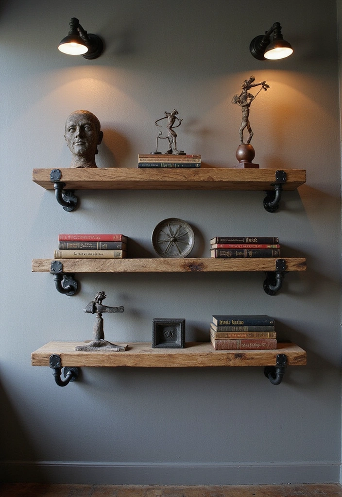 Elevate Your Home: 31 Beautiful Ways to Use Sconces Above Floating Shelves on White Walls! - 5. Industrial Edge with Pipe Sconces