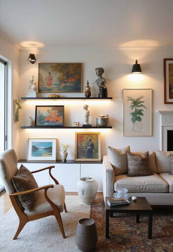 Elevate Your Home: 31 Beautiful Ways to Use Sconces Above Floating Shelves on White Walls! - 7. Artistic Flair with Art-Forward Sconces
