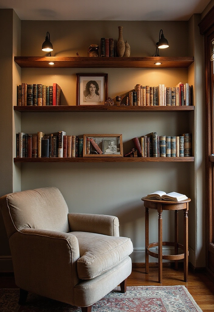 Elevate Your Home: 31 Beautiful Ways to Use Sconces Above Floating Shelves on White Walls! - 8. Cozy Reading Nook with Bookish Sconces