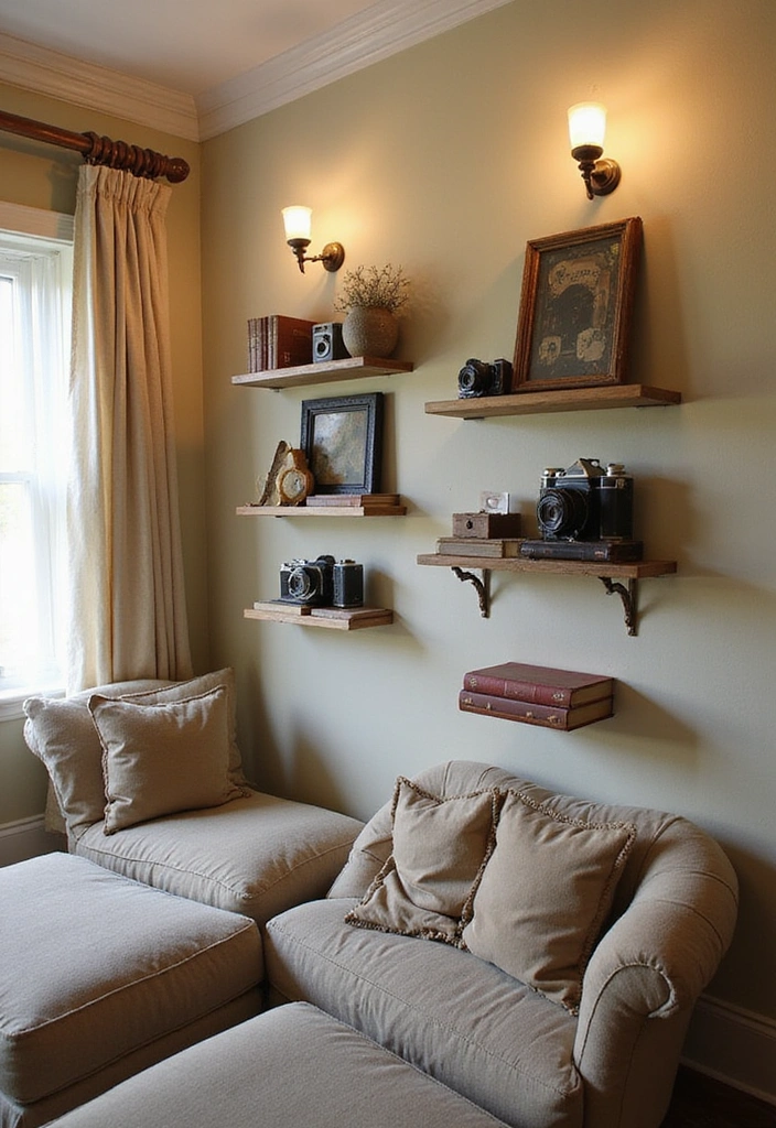 Elevate Your Home: 31 Beautiful Ways to Use Sconces Above Floating Shelves on White Walls! - 9. Vintage Vibes with Antique Sconces