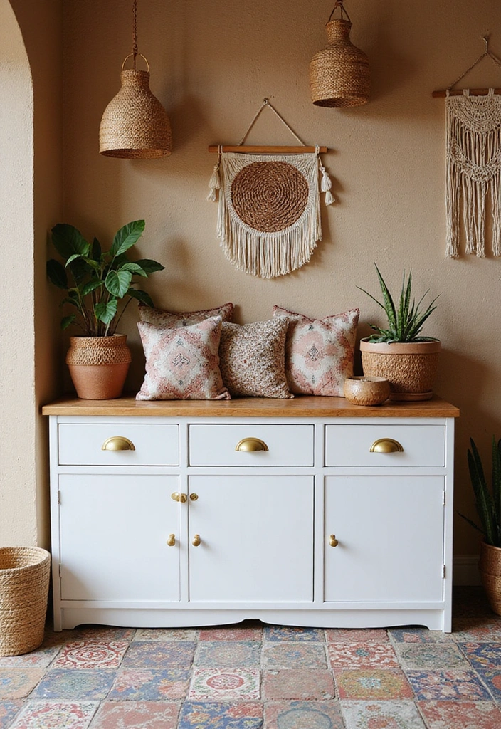 Klassische Eleganz: 21 Ideen für weiße Schränke mit goldenen Griffen und Metrofliesen! - 18. Boho-Chic Vibes