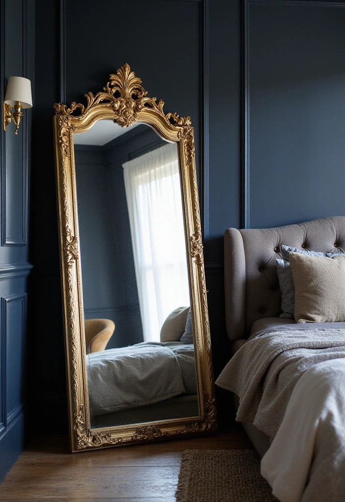Transform Your Bedroom: 21 Stylish Oversized Mirrors and Dark Wainscoting with Cozy Bed Frames! - 1. Luxe Full-Length Mirrors