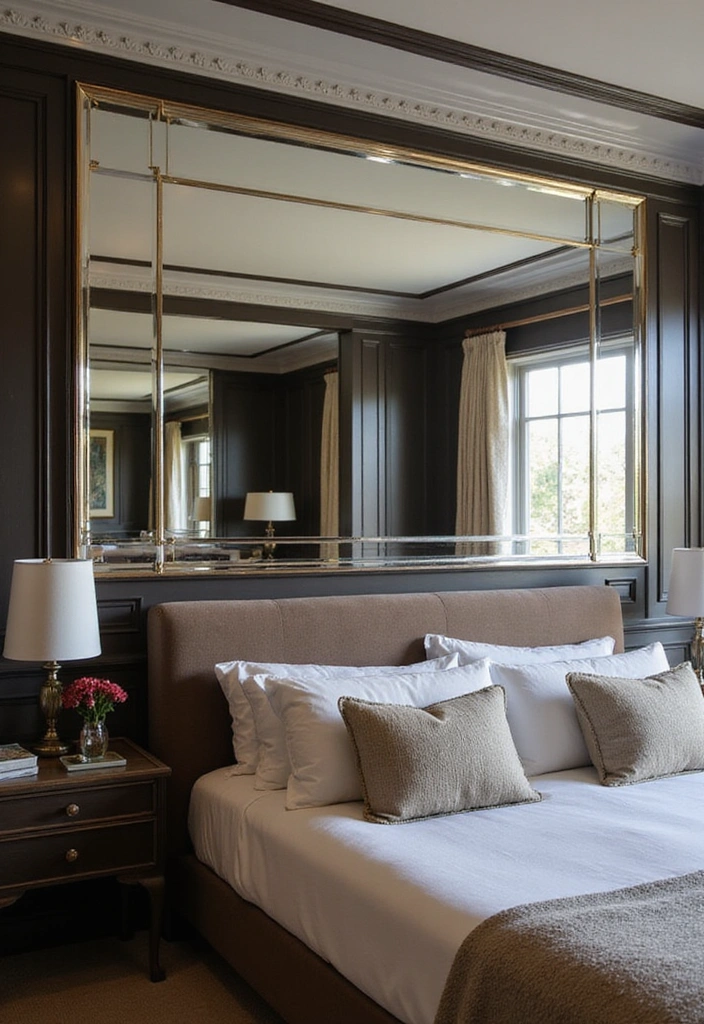 Transform Your Bedroom: 21 Stylish Oversized Mirrors and Dark Wainscoting with Cozy Bed Frames! - 10. Mirrored Accent Walls