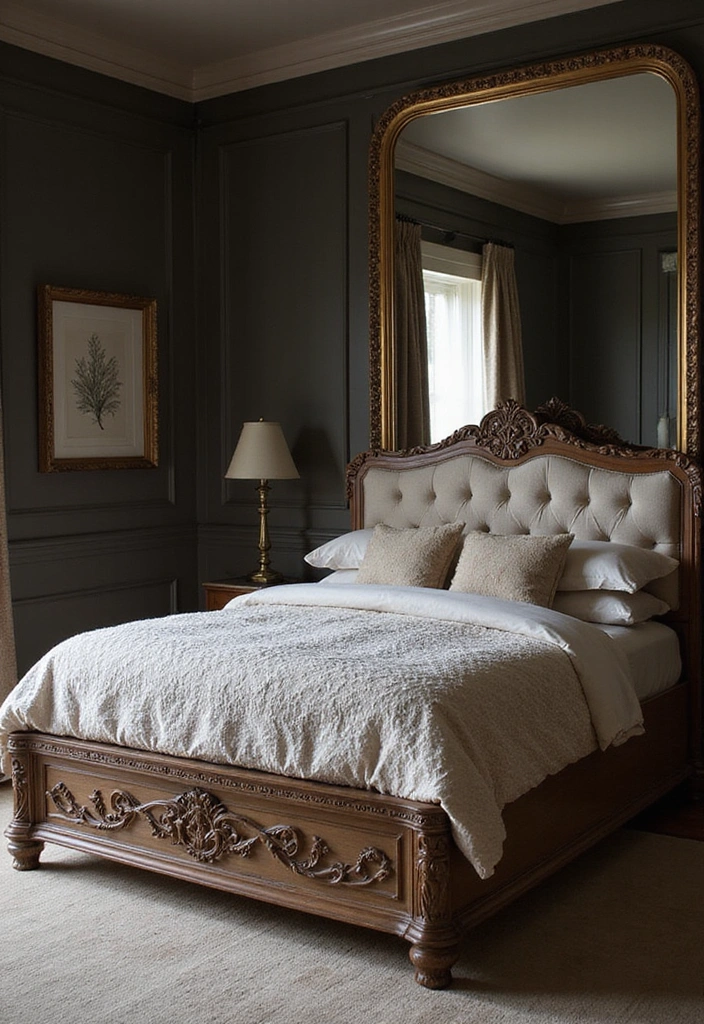 Transform Your Bedroom: 21 Stylish Oversized Mirrors and Dark Wainscoting with Cozy Bed Frames! - 11. Vintage Style Bed Frames
