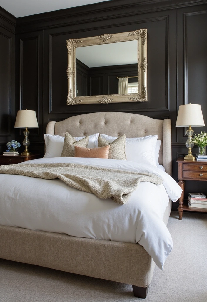 Transform Your Bedroom: 21 Stylish Oversized Mirrors and Dark Wainscoting with Cozy Bed Frames! - 12. Upholstered Bed Frames for Comfort
