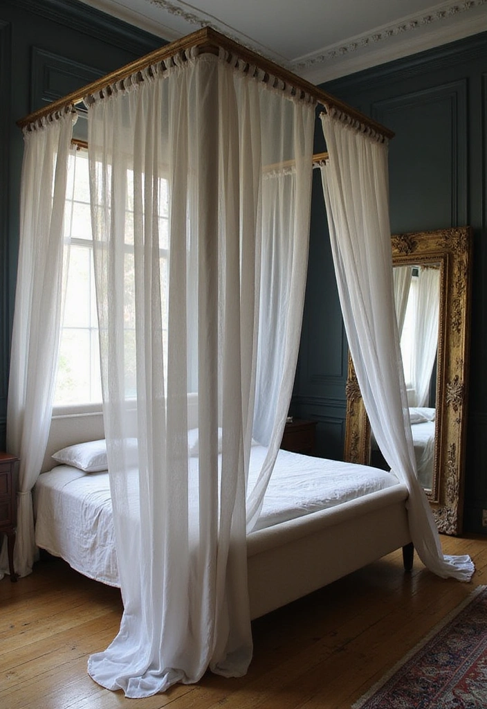 Transform Your Bedroom: 21 Stylish Oversized Mirrors and Dark Wainscoting with Cozy Bed Frames! - 13. Canopy Bed Frames for Dreamy Vibes
