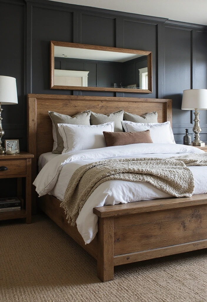Transform Your Bedroom: 21 Stylish Oversized Mirrors and Dark Wainscoting with Cozy Bed Frames! - 14. Farmhouse Style Bed Frames