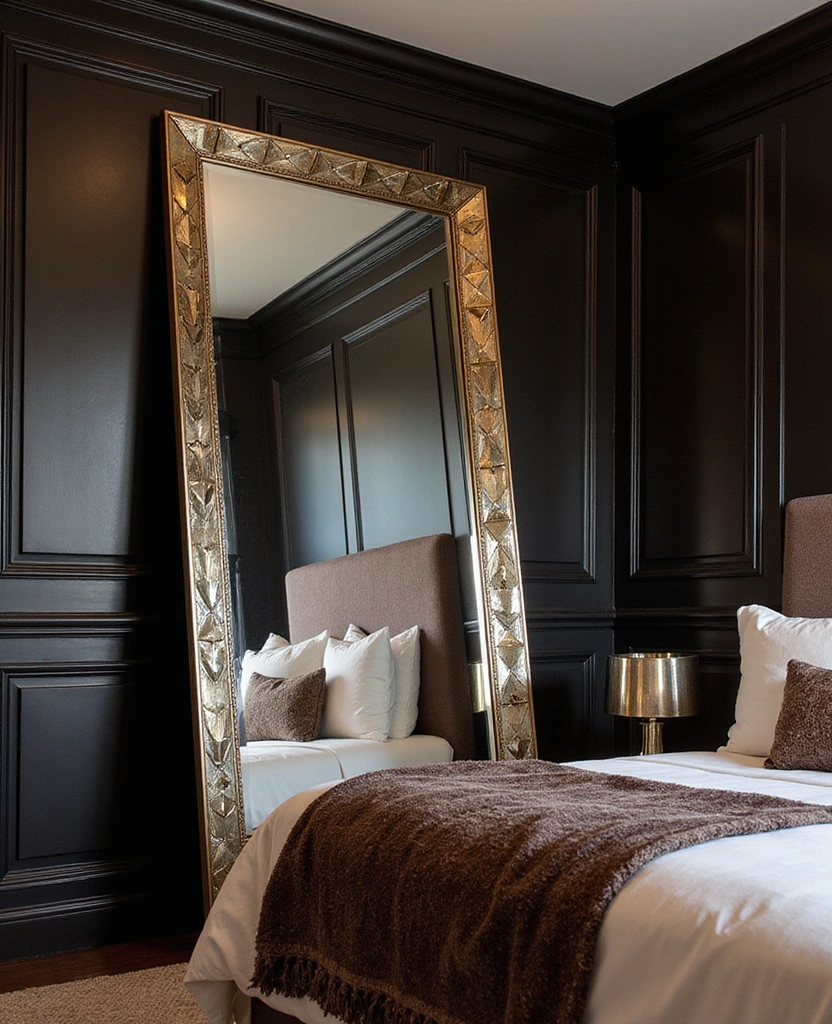 Transform Your Bedroom: 21 Stylish Oversized Mirrors and Dark Wainscoting with Cozy Bed Frames! - 16. Art Deco Inspired Mirrors