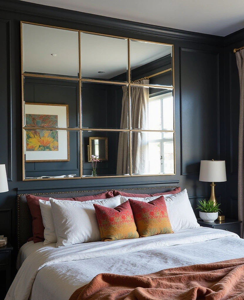Transform Your Bedroom: 21 Stylish Oversized Mirrors and Dark Wainscoting with Cozy Bed Frames! - 17. Multi-Panel Mirrors for Dynamic Style