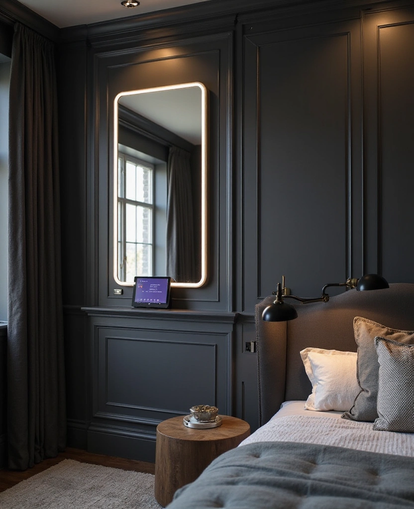Transform Your Bedroom: 21 Stylish Oversized Mirrors and Dark Wainscoting with Cozy Bed Frames! - 18. Interactive Mirrors for Modern Living