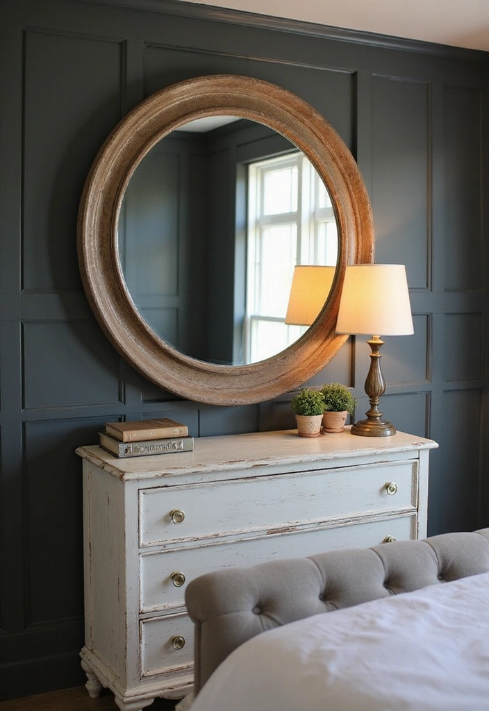 Transform Your Bedroom: 21 Stylish Oversized Mirrors and Dark Wainscoting with Cozy Bed Frames! - 2. Round Mirrors for Soft Elegance