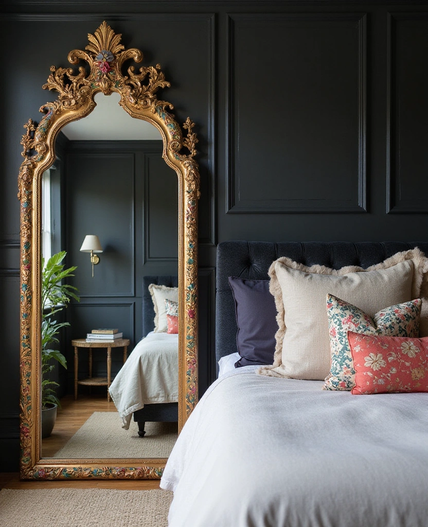 Transform Your Bedroom: 21 Stylish Oversized Mirrors and Dark Wainscoting with Cozy Bed Frames! - 20. Oversized Mirrors with Artistic Frames