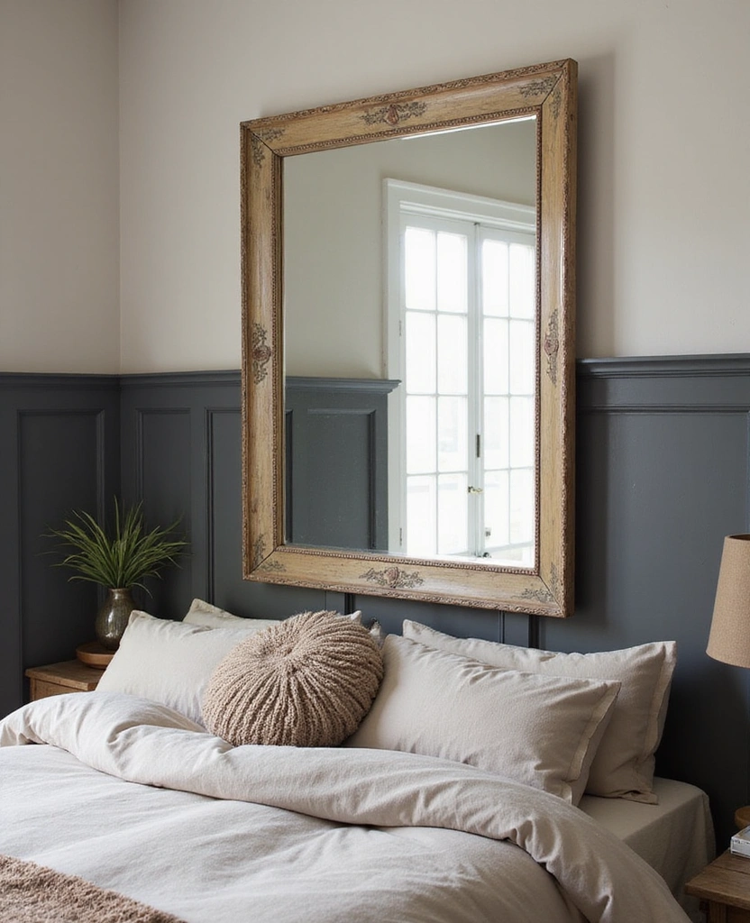 Transform Your Bedroom: 21 Stylish Oversized Mirrors and Dark Wainscoting with Cozy Bed Frames! - 21. Vintage Chic Mirrors with Distressed Finishes